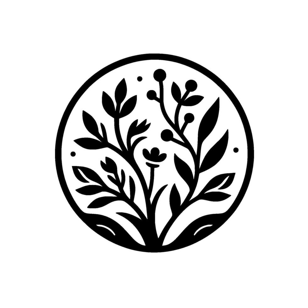 Circular, minimalist botanical featuring stylized leaves, berries, and flower silhouettes in stark black and white contrast. vector