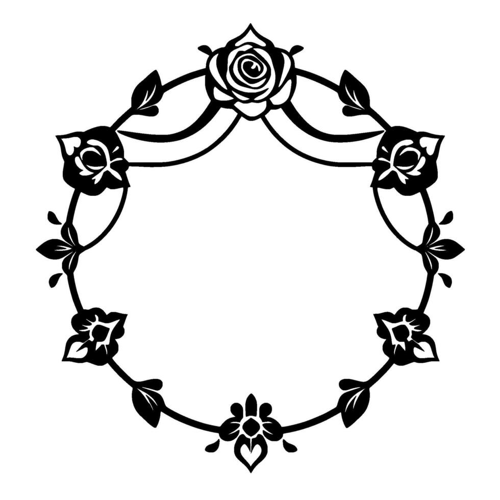 Elegant Black and White Floral Wreath with Roses and Leaves, Circular Decorative Frame, Botanical on White. vector