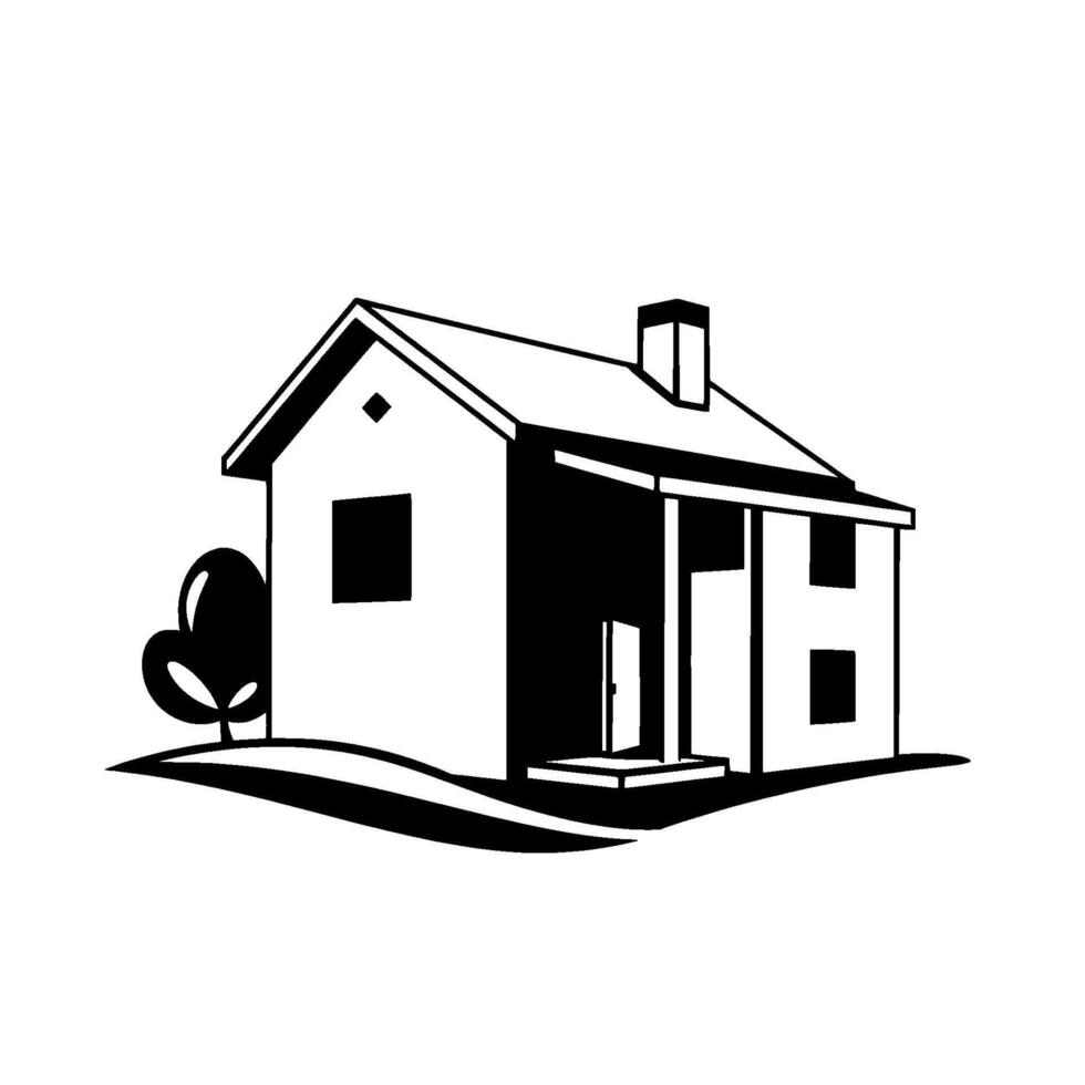 Monochromatic illustration of a twostory house with a chimney, tree, and stylized landscape, evoking a sense of simple domesticity. vector