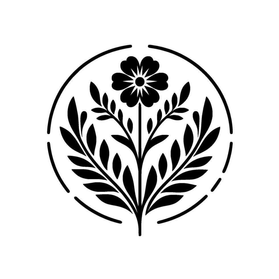 Black White Floral Emblem A symmetrical botanical illustration of a stylized flower and leaves, encased within a decorative circle. vector