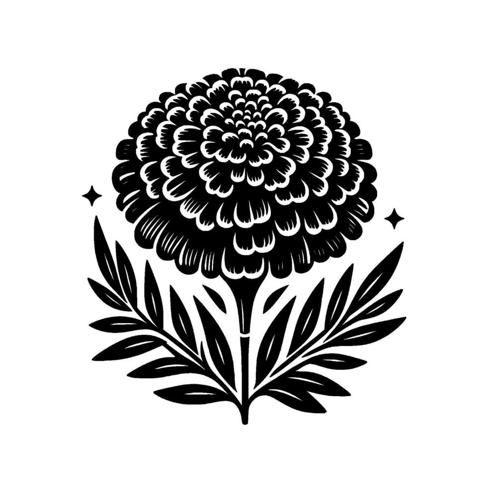 Bold Monochrome Illustration A symmetrical, highly detailed stylized flower with layered petals, leaves, and star accents on a stark white background. vector