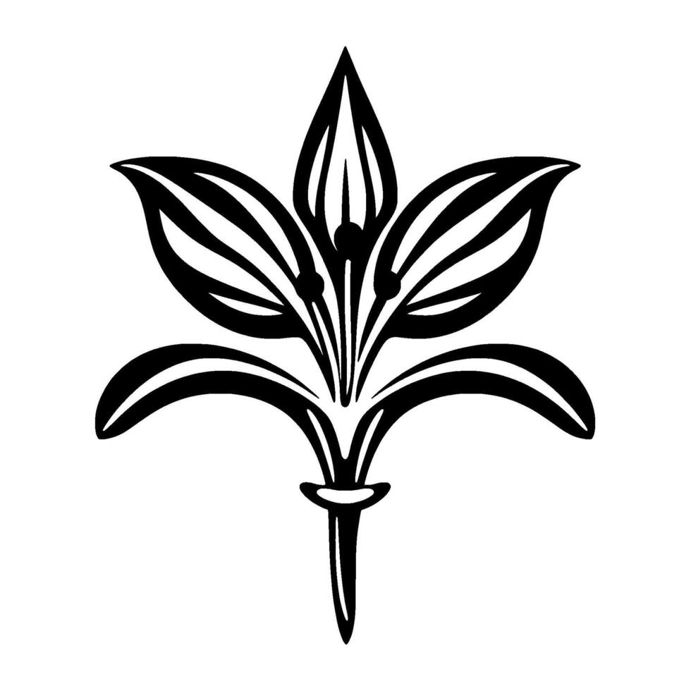 Detailed Black and White Floral Illustration, Symmetrical, Stylized Plant with Bold Lines and Decorative Petals and Pods. vector