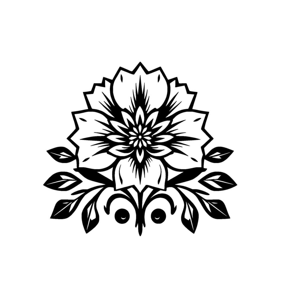 Elegant Black and White Floral Crest Intricate Flower, Leaves, Decorative Scrolls on White Background. vector