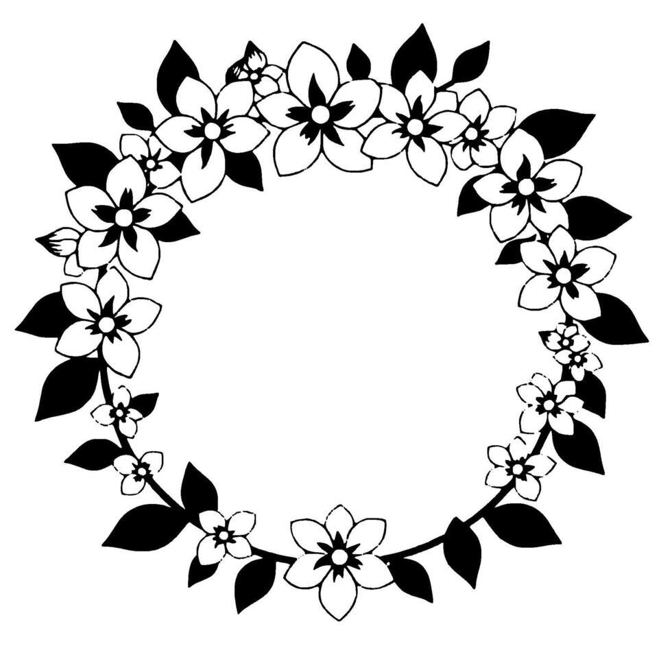 Elegant Black and White Floral Wreath Symmetric of Flowers and Leaves Forming a Circular Frame with a Clean Aesthetic. vector