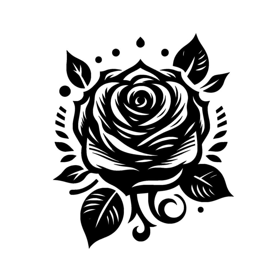 Bold Black and White Floral A Detailed Stylized Rose with Leaves, Accents, and Geometric Elements on White Background. vector