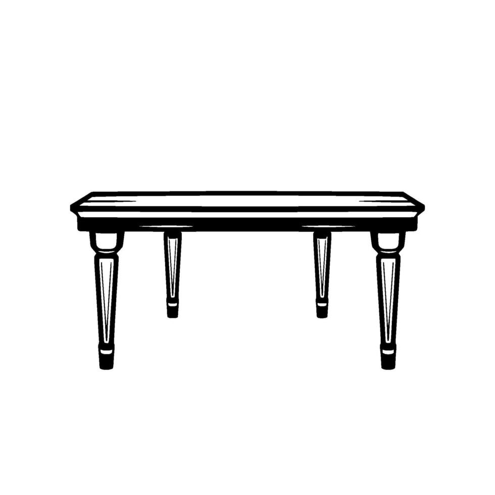 Black and white illustration of an elegant rectangular table with four tapered legs, minimalist , clean lines. vector