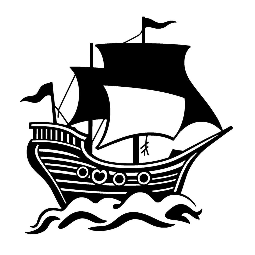 Stylized Black and White Silhouette of a Sailing Ship on Wavy Water, Classic Nautical Theme, Simple Illustration. vector