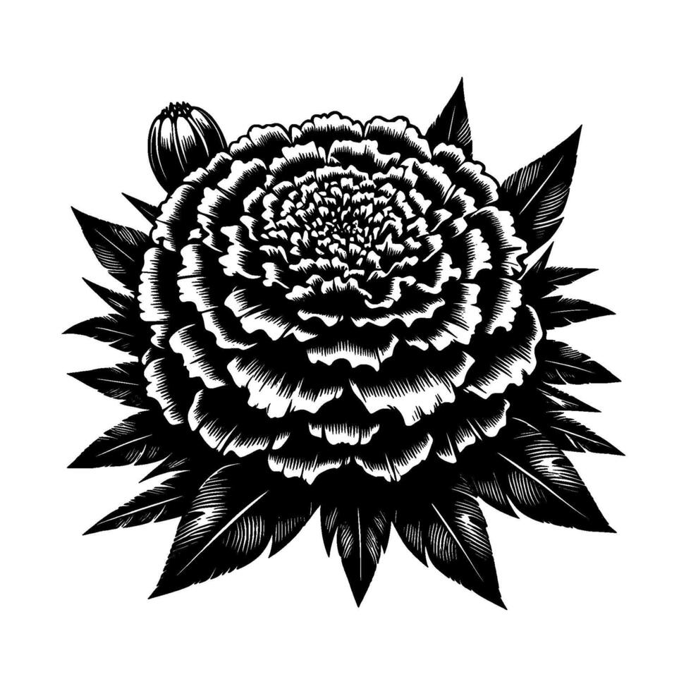 Intricately detailed, bold black and white floral illustration showcasing a layered flower and leaves, reminiscent of woodcut art, against a stark white backdrop. vector