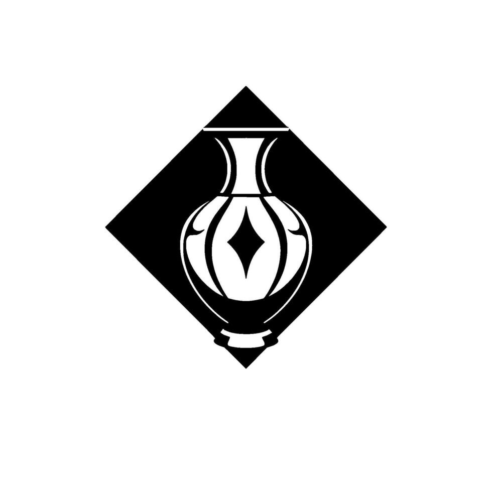 Stylized black and white vase illustration centered within a diamond shape, minimalist and elegant for or emblem. vector