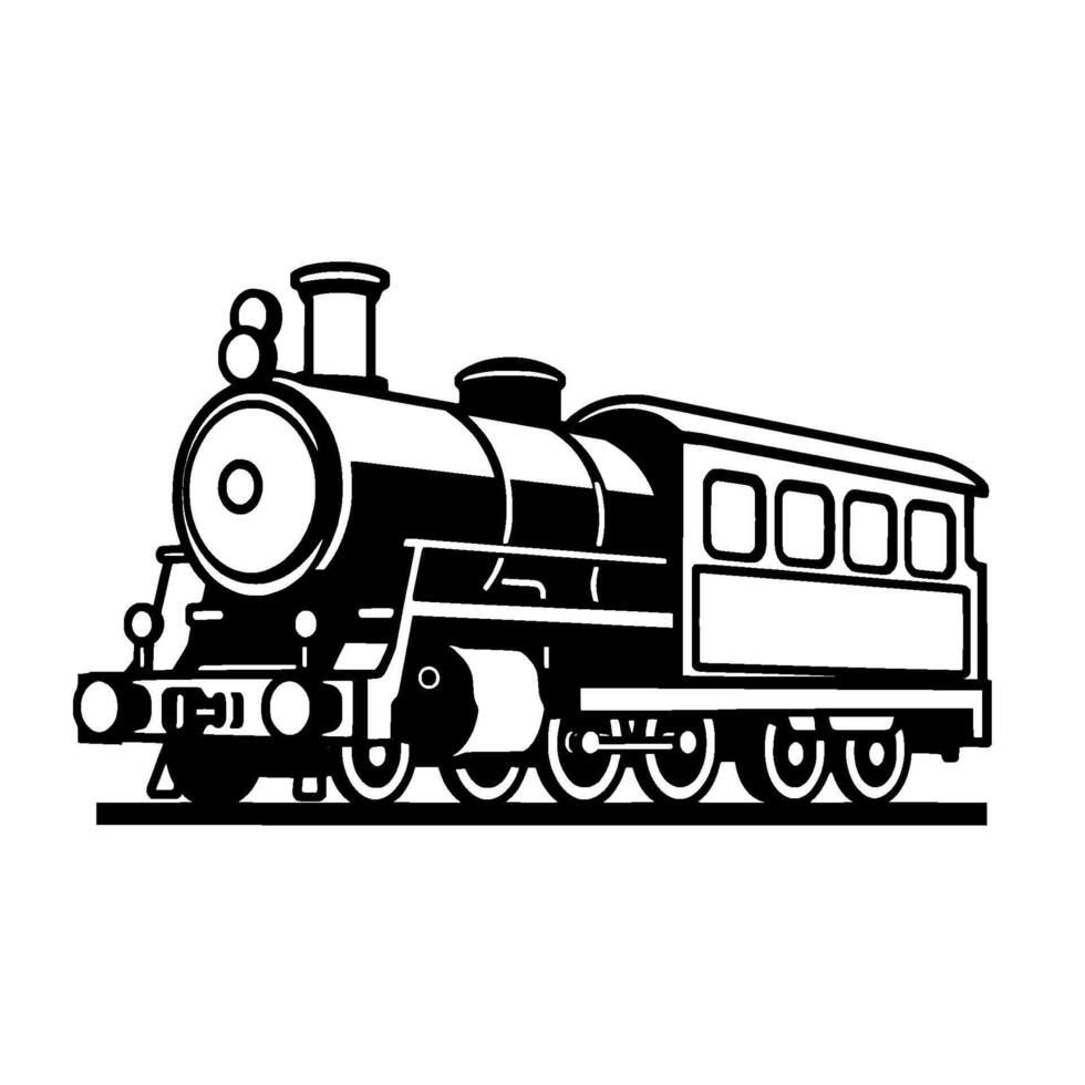 illustration of a classic black and white steam train, featuring details like wheels, smokestack, and passenger car, on a clean white background. vector