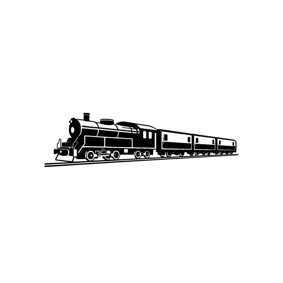 style black and white illustration of a classic steam train and passenger cars on a track against a clean white background. vector