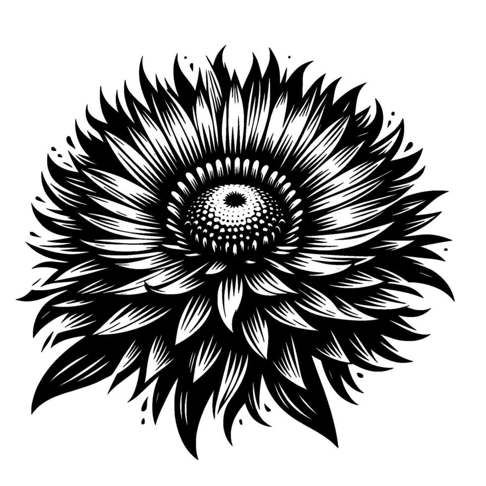 Intricate black and white stylized sunflower illustration with detailed petals, radial lines, and a dotfilled center, set against a clean white backdrop. vector