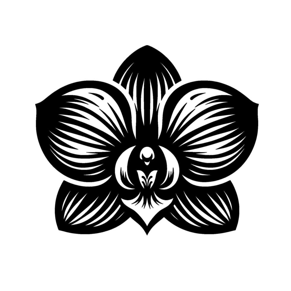 A symmetrical, highcontrast, illustration of an orchid flower in black and white, with a central stylized . vector