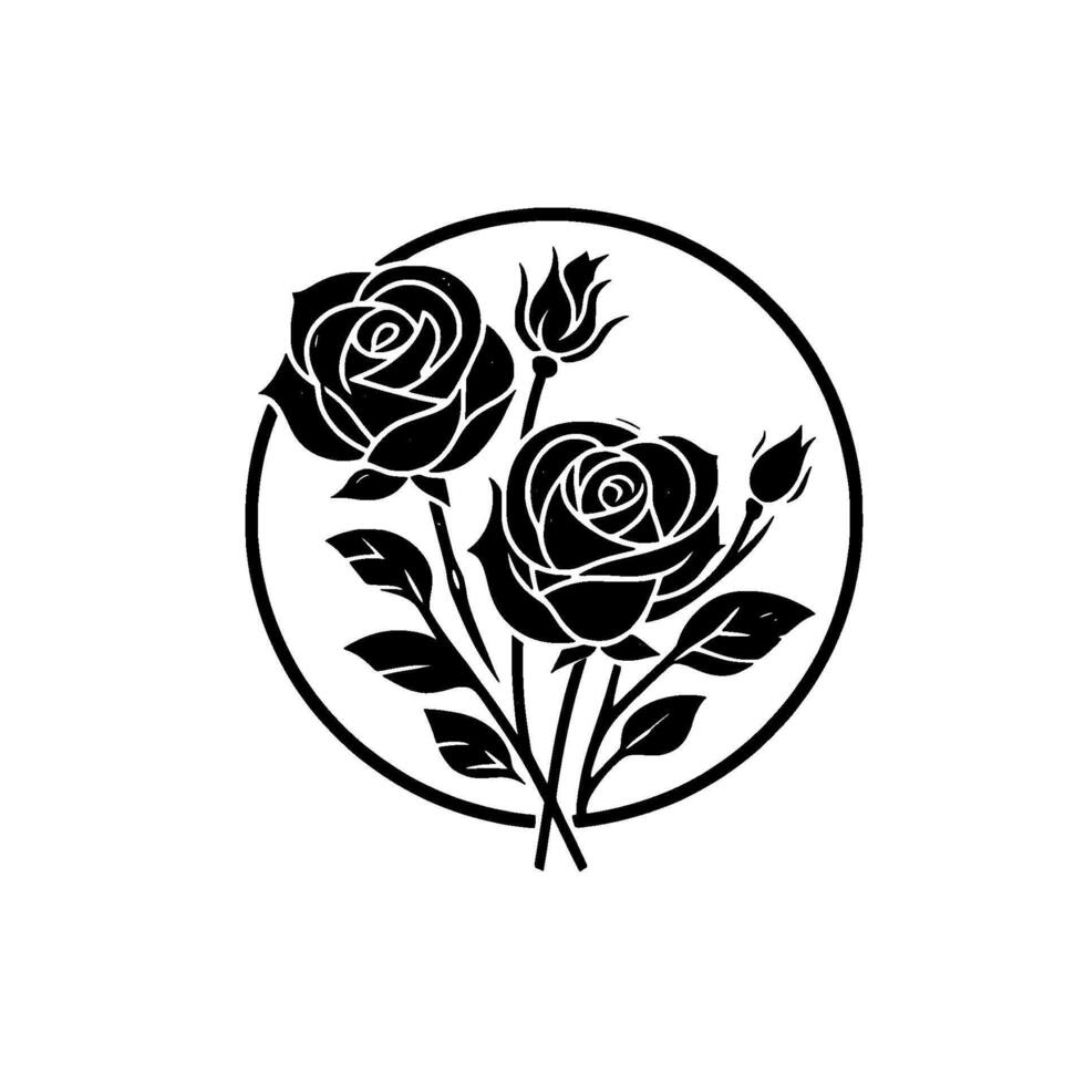 Elegant Black and White Floral Emblem Roses, Buds, and Leaves Enclosed in a Circular Frame, Perfect for Logos Designs. vector