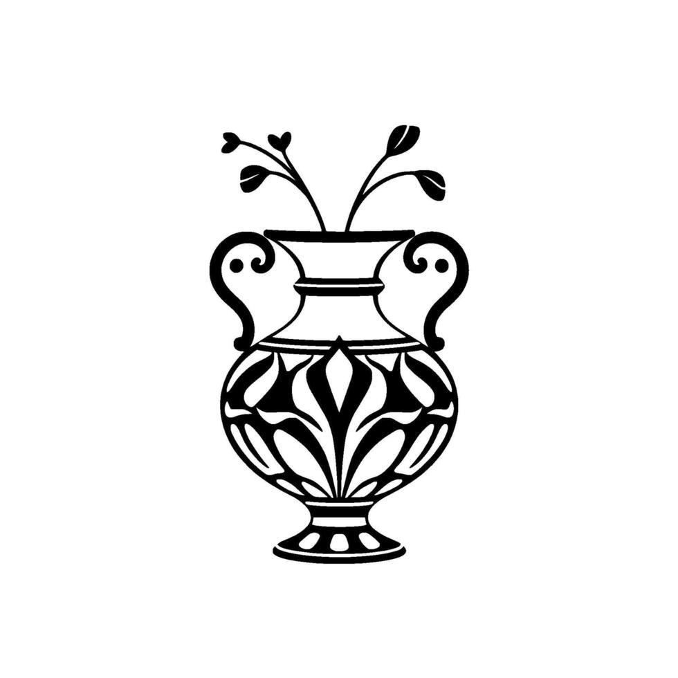 Elegant Black and White of an Ornate Vase with Branching Foliage, Depicting Floral Pattern in Minimalist Style. vector