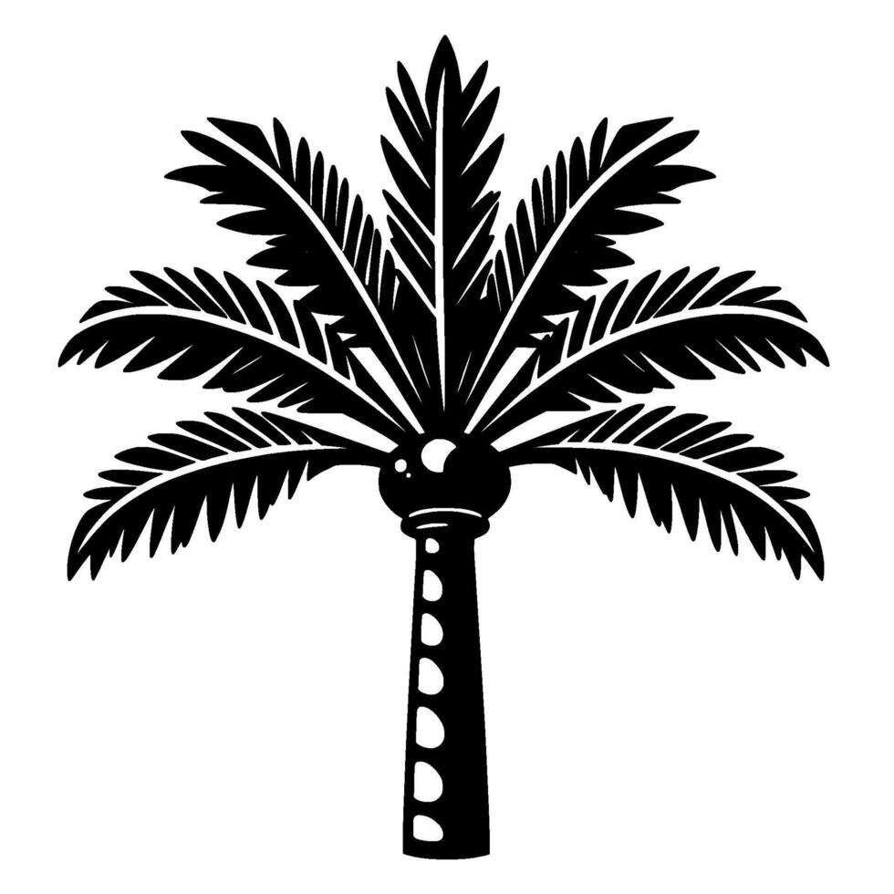 Stylized black and white illustration of a symmetrical palm tree, featuring detailed fronds, a bulbous crown, and a segmented trunk against a clean white background. vector