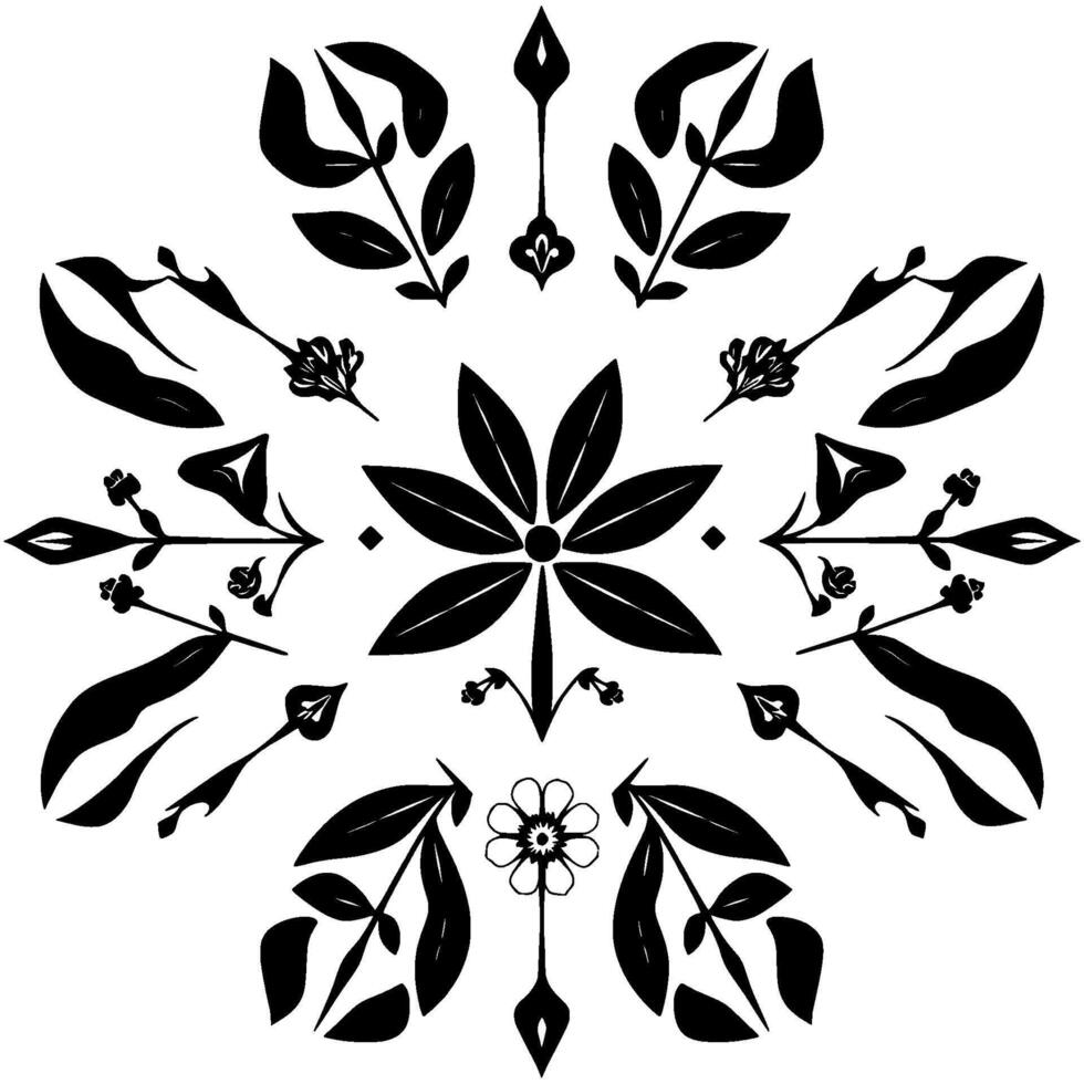 Symmetrical Floral and Foliage Pattern in Black and White, Decorative, Geometric, Repeating, and Symbolic of Nature. vector