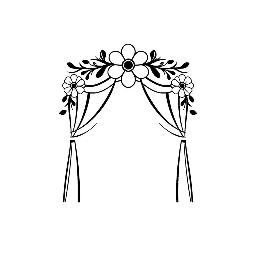 Delicate black line art floral wedding arch with draped fabric and decorative flowers, perfect for invitations or event elements. vector