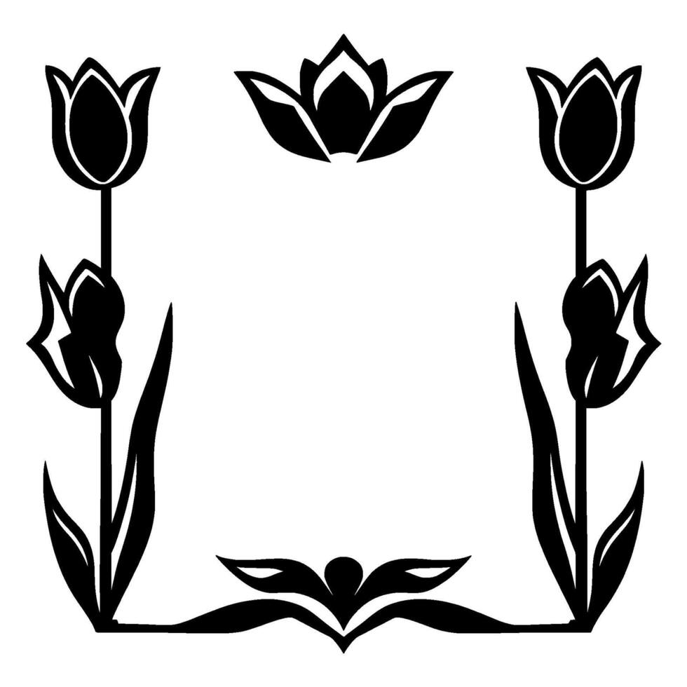 Elegant Black and White Floral Frame with Stylized Tulips and a Central Ornamental Motif, Suitable for Invitations, Decorative Elements, and Art. vector