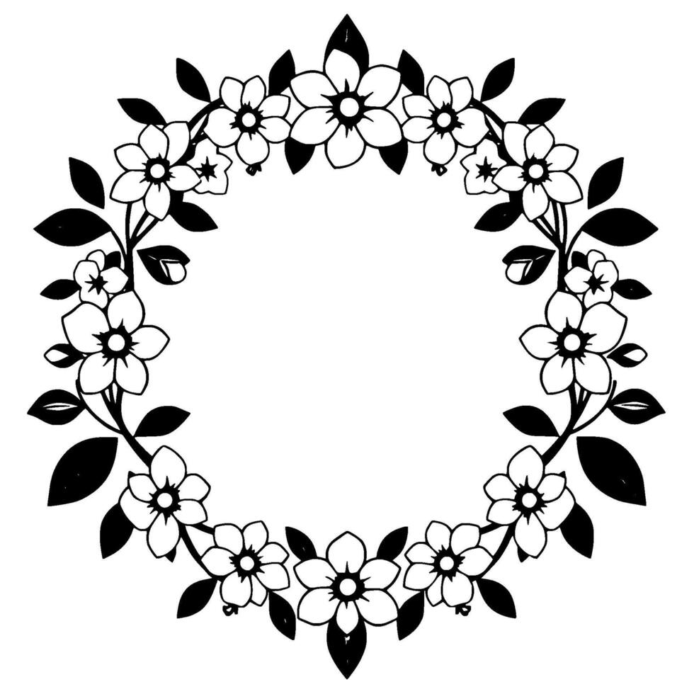 Elegant Black and White Floral Wreath, Symmetric with Blossoms and Leaves, Circular Composition. vector