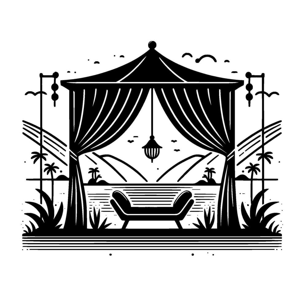 Elegant Black and White Illustration of a Relaxing Gazebo with Scenic Beach and Mountain View vector