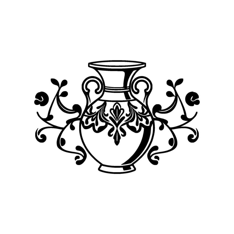 Intricate Black White Illustration Ornamental GreekInspired Urn with Floral Accents on a Clean White Background. vector