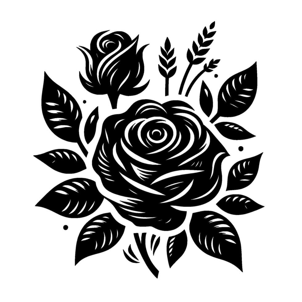 Black and White Floral Emblem Intricate Rose and Leaf Silhouette with Wheat Accents on White Background, . vector