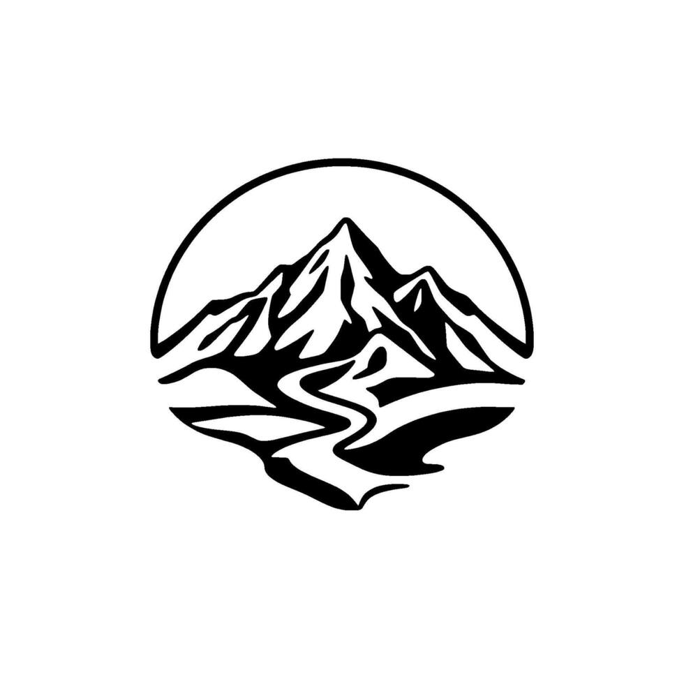 Minimalist Black and White Mountain Landscape Inside a Circle, Depicting Peaks and Winding River. vector