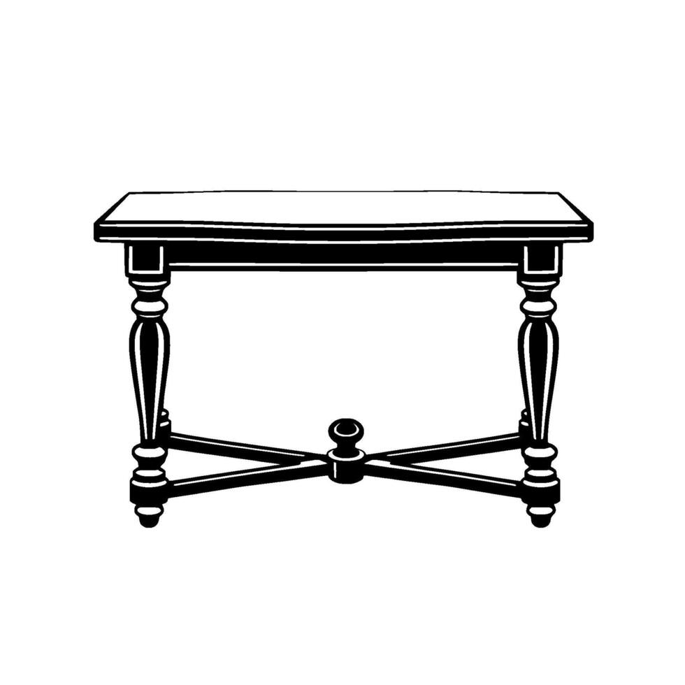 Elegant Black and White Drawing of a Classic Rectangular Table with Ornate Legs, Geometric CrossBrace, and a Clean Background. vector