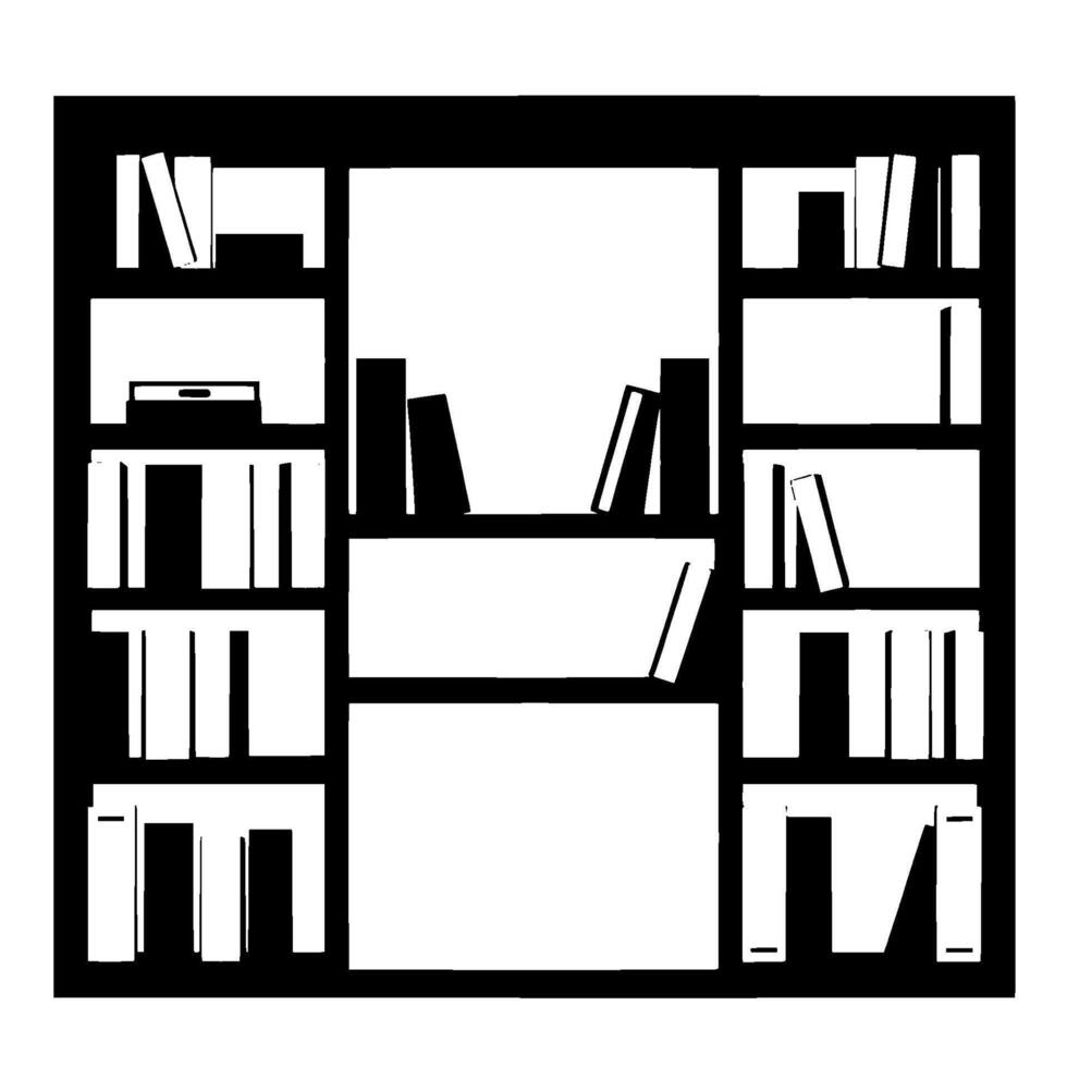 Monochromatic Illustration of a Bookshelf with Books, a Media Device, and Open Spaces. vector
