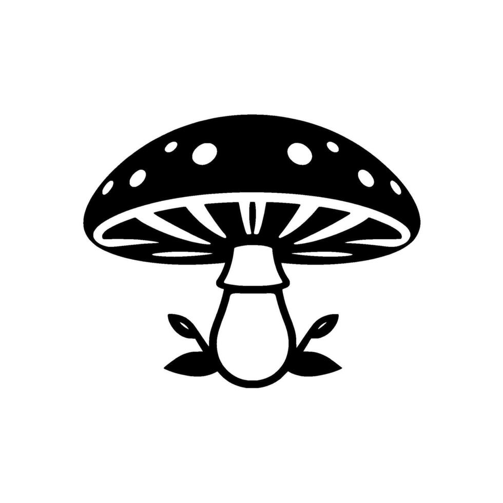 Simple, minimalist black and white illustration of a mushroom with a dotted cap and leaves at the base, on white background. vector