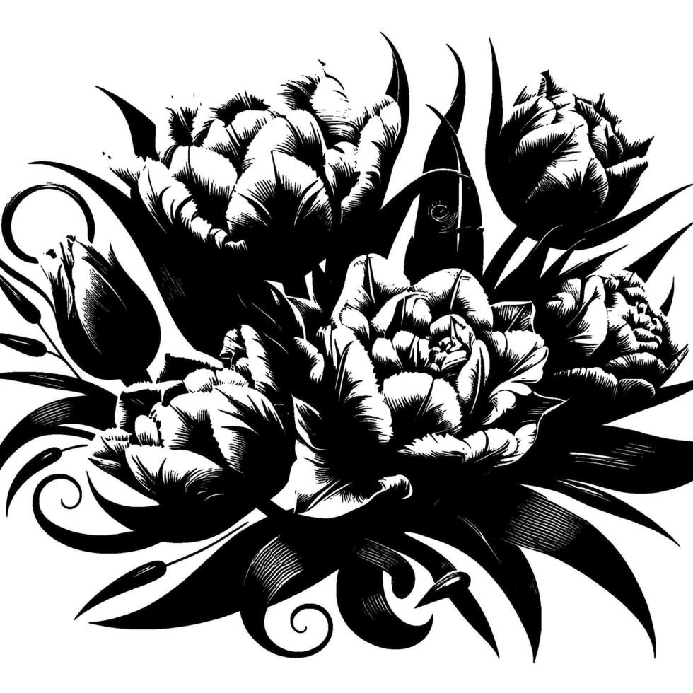 Intricate monochrome illustration of a bouquet featuring stylized tulips and foliage, rendered with detailed linework and a striking contrast. vector