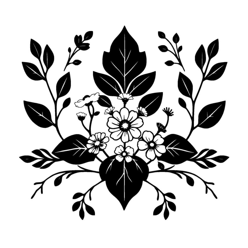 Detailed Black and White Floral Arrangement Daisy and Leaf Cluster with Delicate Vines, Artistic Silhouettes vector