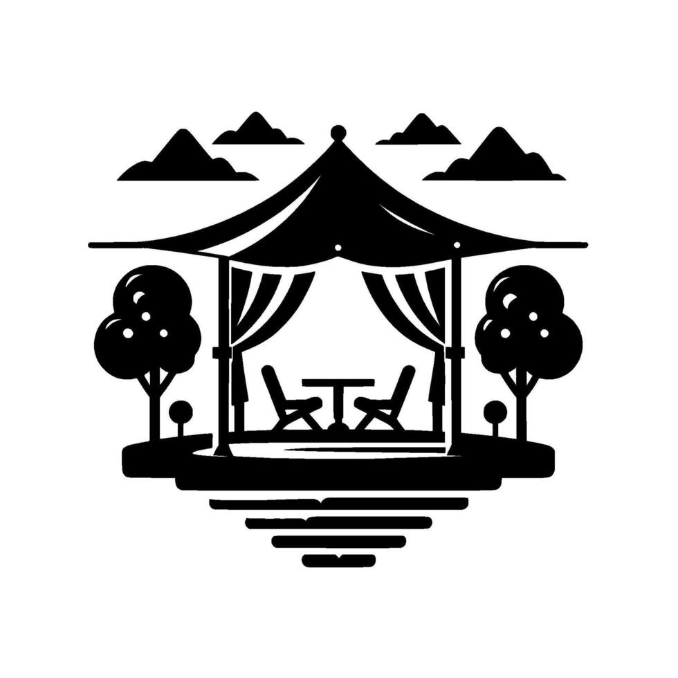 Minimalist Black and White Illustration of a Romantic Gazebo with Table and Chairs, Trees, Mountains, and Curtains. vector