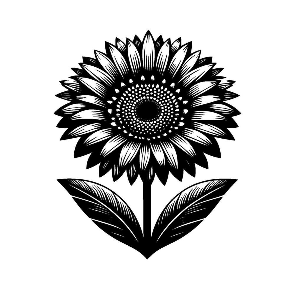 Intricate black and white illustration of a stylized sunflower with detailed petal shading and elegant leaf . vector