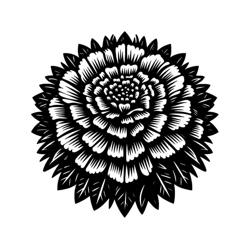 Intricate Paper Cut of a Chrysanthemum A symmetrical black and white floral with detailed layers and sharp leaf edges against a white background. vector