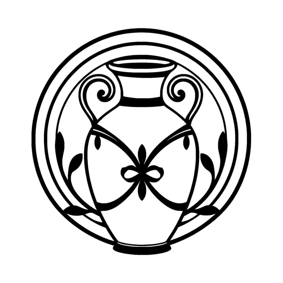Elegant monochrome artwork of an ancient Greek vase within a decorative circular frame, stylized leaves and ribbon motifs. vector