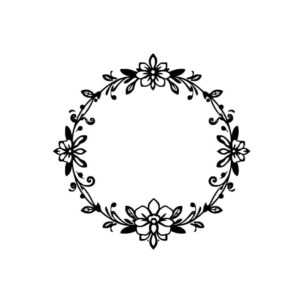 Intricate Black and White Circular Floral Frame with stylized flowers, leaves and elegant elements on a white backdrop. vector