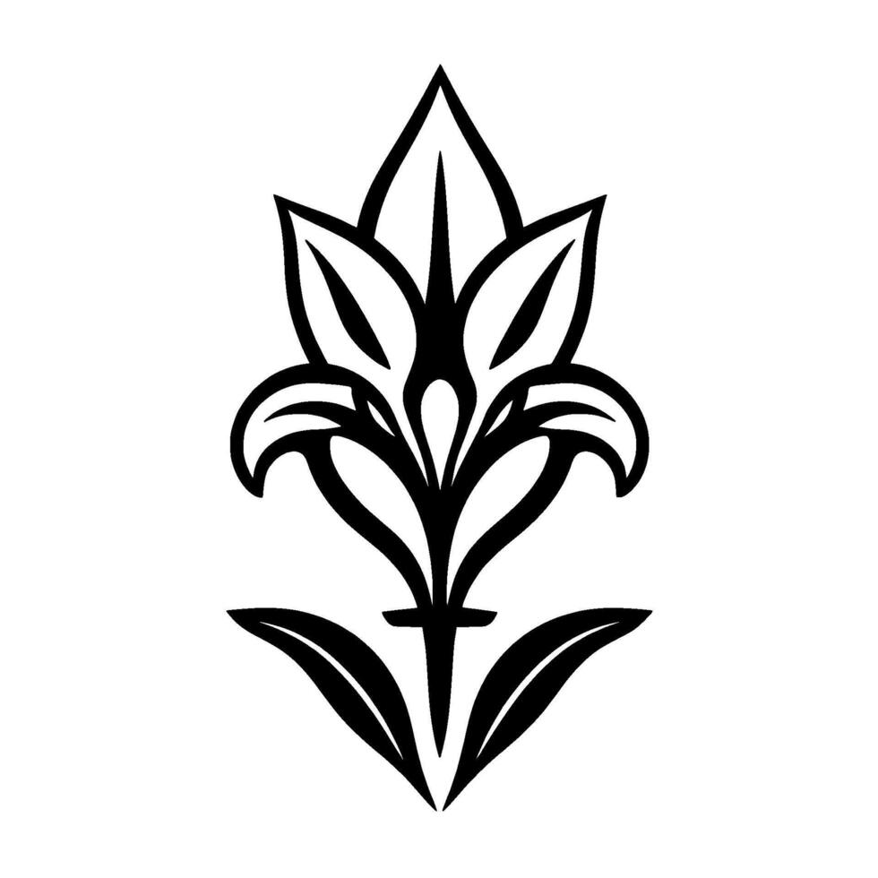 Elegant Black and White Floral Ornament in Minimalist Style with Pointed Leaves and Symmetrical on White Background. vector