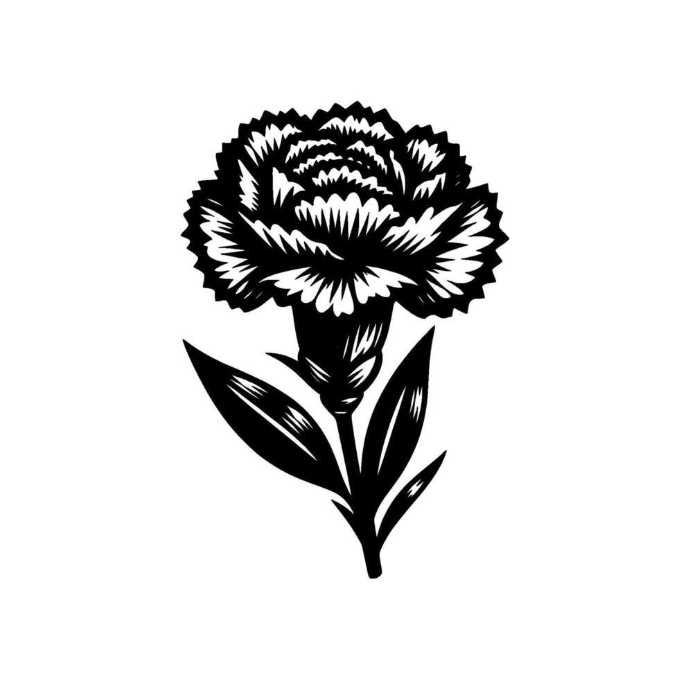 Bold Monochrome Carnation Illustration Stylized Black and White Flower with Intricate Petal Detail and Leafy Stem on White Background. vector