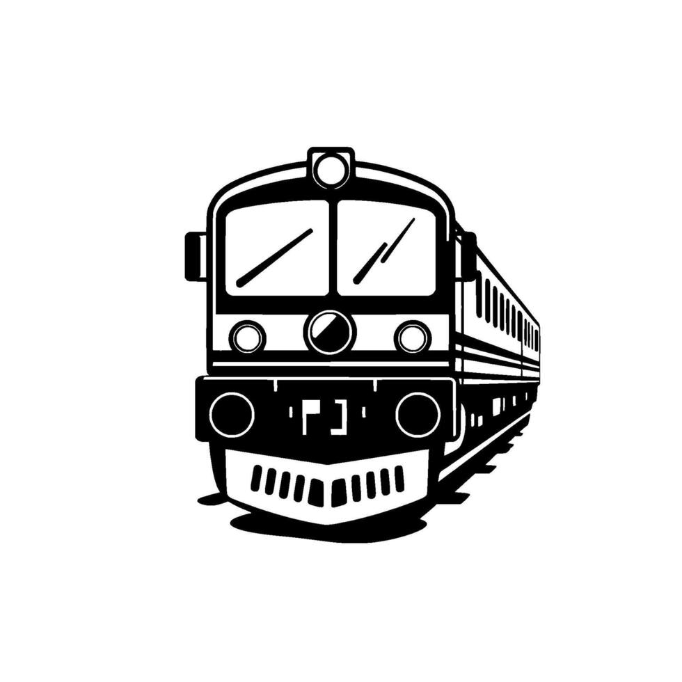 Stylized Black and White Train Illustration Frontal View of a Diesel Locomotive with Tracks, Minimalist , Perfect for Transportation Themes. vector