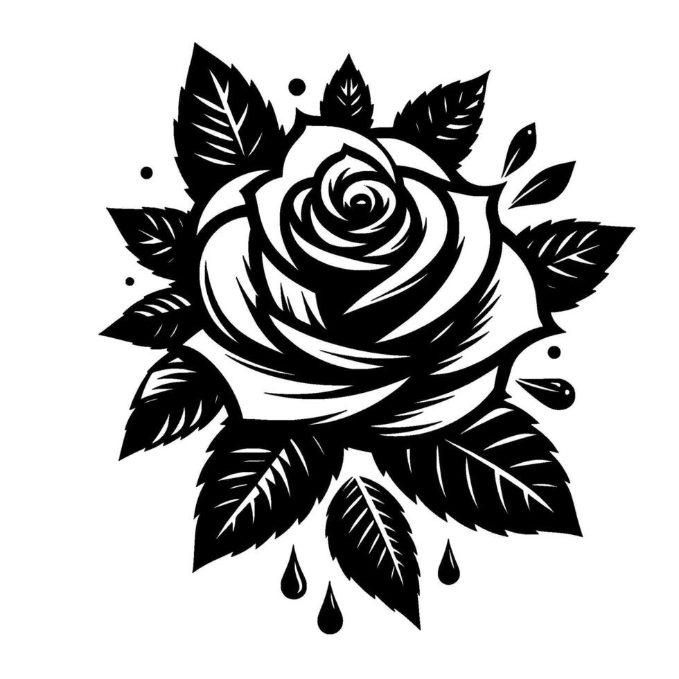 Intricate Black and White Rose Tattoo with Detailed Petals, Leaves, and Tearshaped Accents on a White Backdrop. vector