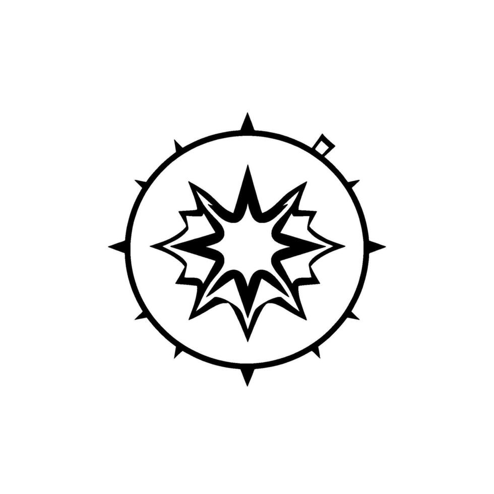 Black and White Geometric Compass , Featuring a Starburst Center and Spike Embellishments, Set Against a Pure White Background. vector