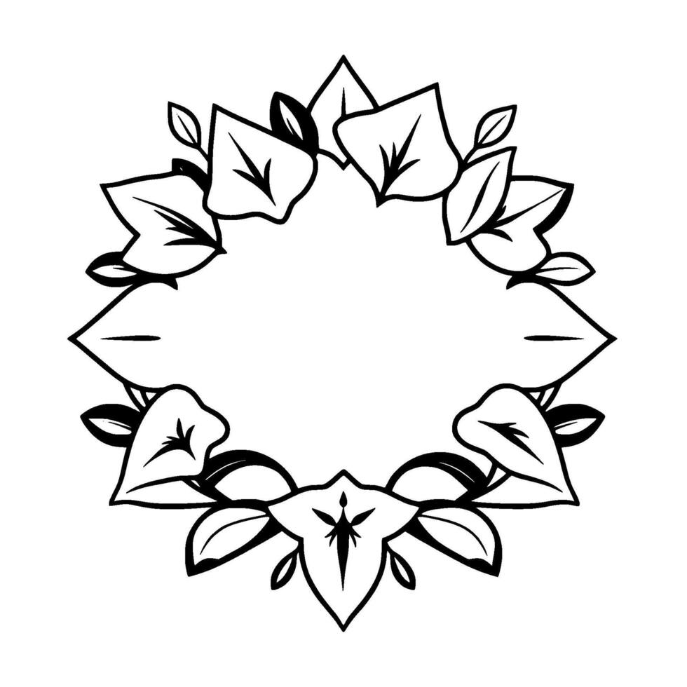 Elegant Black and White Floral Wreath with Leafy Details, Framing a Blank Center, Artistic Border. vector