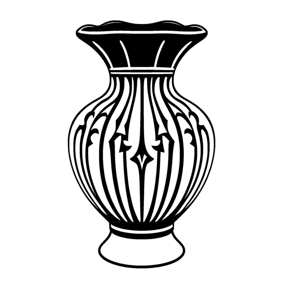 Elegant Black and White Ornamental Vase Illustration with Intricate Symmetry, Floral Elements, and Art Deco Inspirations on White Backdrop. vector