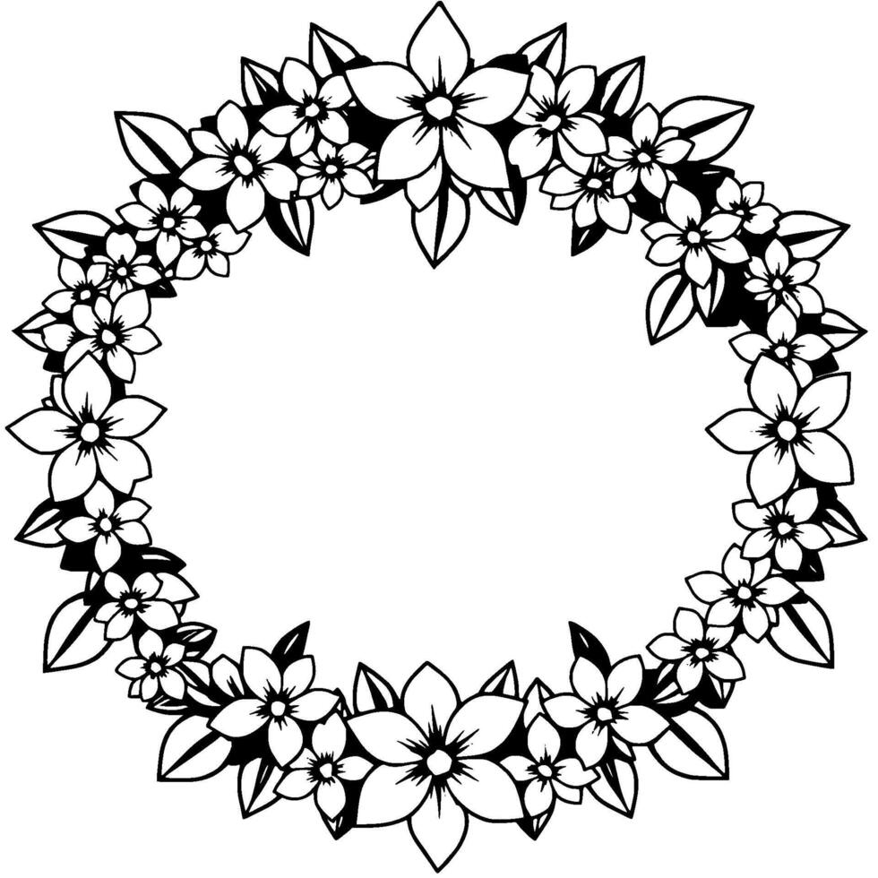 A floral wreath in black and white, featuring various blossoms and leaves in a circular frame, perfect for decorative or elements. vector