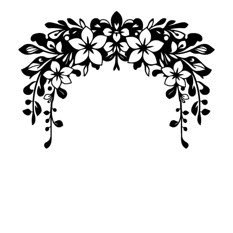 An elegant symmetrical floral arch illustration, featuring stylized white flowers and leaves on a black background, creating a decorative border effect. vector
