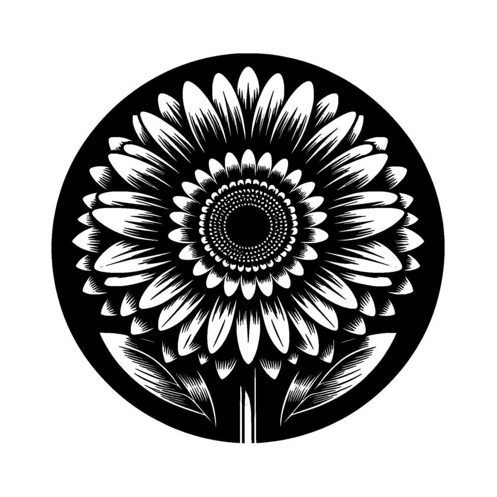 Bold Black White Sunflower in a Circular Frame with Detailed Petals and Stem High Contrast Illustration vector
