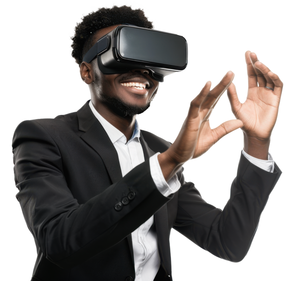 A man in a suit is wearing a virtual reality headset png