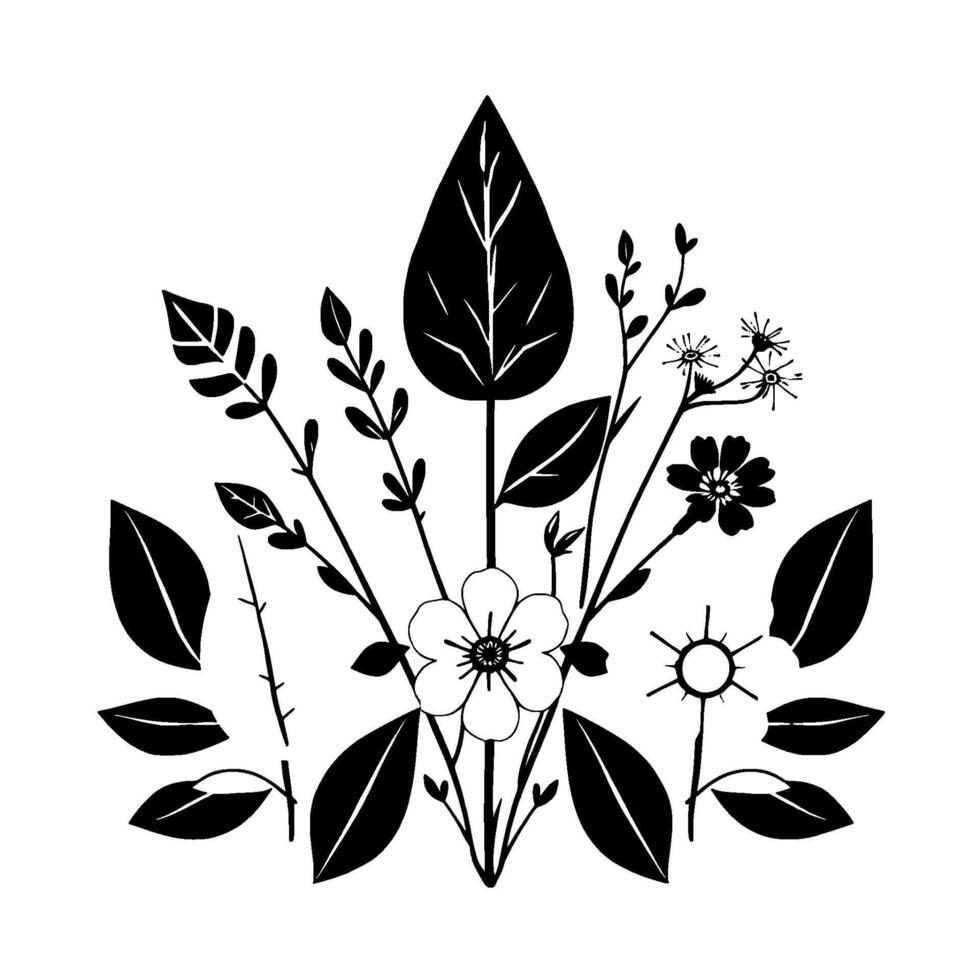 Monochromatic Floral Arrangement Stylized Black and White Composition of Flowers, Leaves, and Stems, Creating a Balanced and Elegant . vector